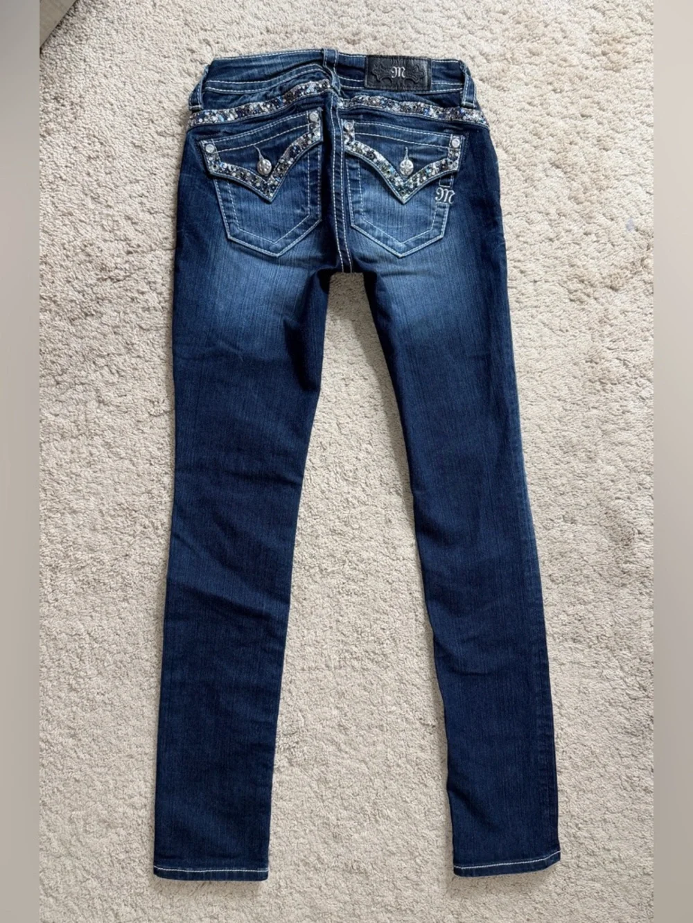 Womens Miss Me Jeans Size 25 Mid Rise Straight Rhinestone Y2K Sequins Blue Denim - Picture 4 of 9